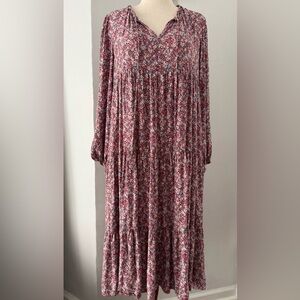 Easel Boho Ditsy Floral Midi Dress Tiered Peasant Sleeve Tie Neck Pink L